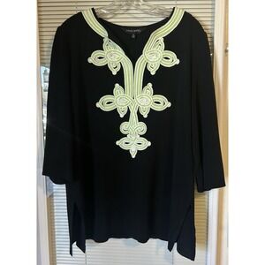 Ming Wang Women's Size L Black/Green V-Neck Longsleeve Tunic Top